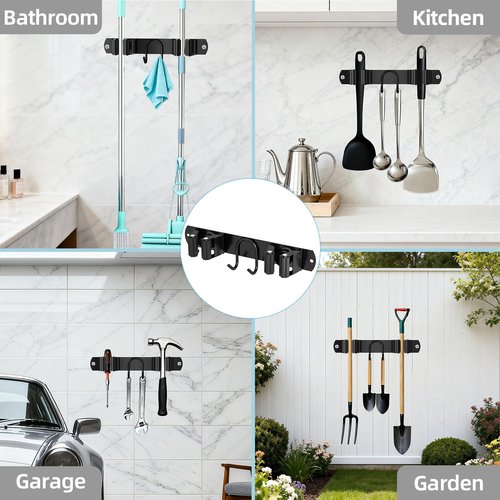 AURIKAR Broom Holder Wall Mount, Stainless Steel Mop and Broom Organizer, Broom Hanger with 2 Slots 2 Hooks for Home Kitchen, Garage, Garden and Laundry Room, Black