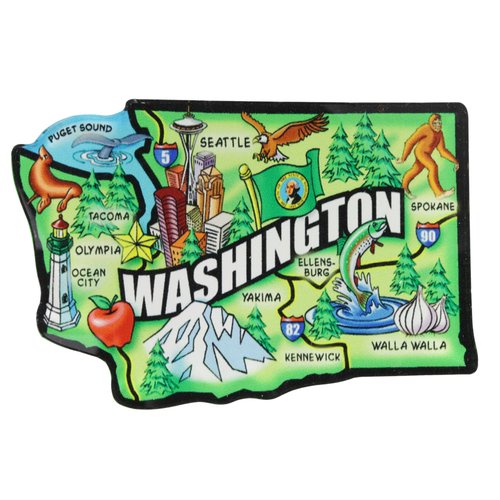 Washington State Map Acrylic Magnet, Pacific Northwest Travel Fridge Souvenir, Collectible Keepsake, 3.25 x 2.25 Inches