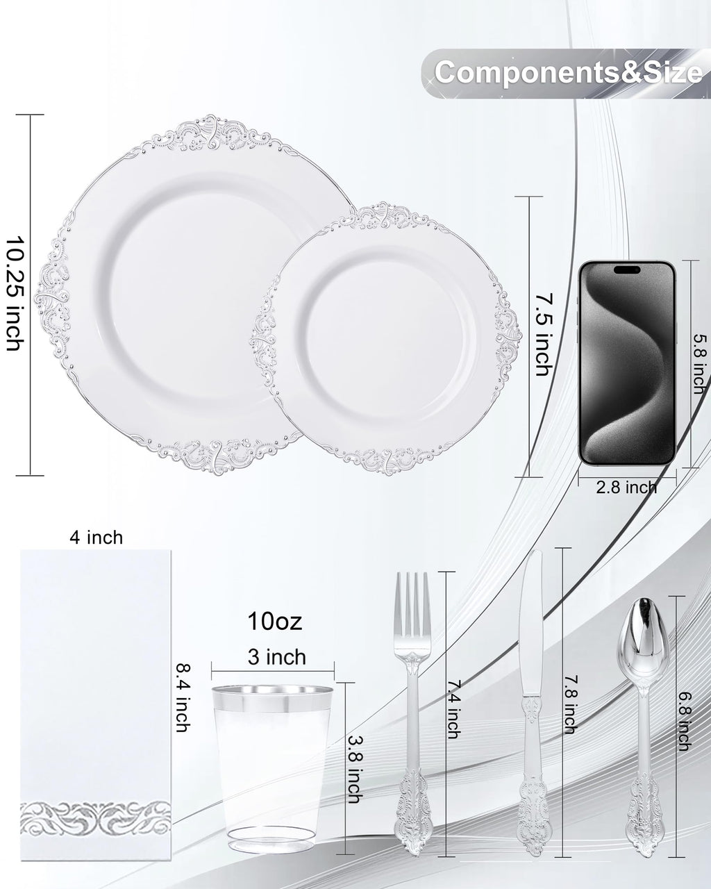 Nervure 350PCS Silver Plastic Dinnerware - White and Silver Disposable Plates for 50 Guests - 100 Disposable Plates, 150 Plastic Silverware, 50 Cups, 50 Napkins for Wedding & Party