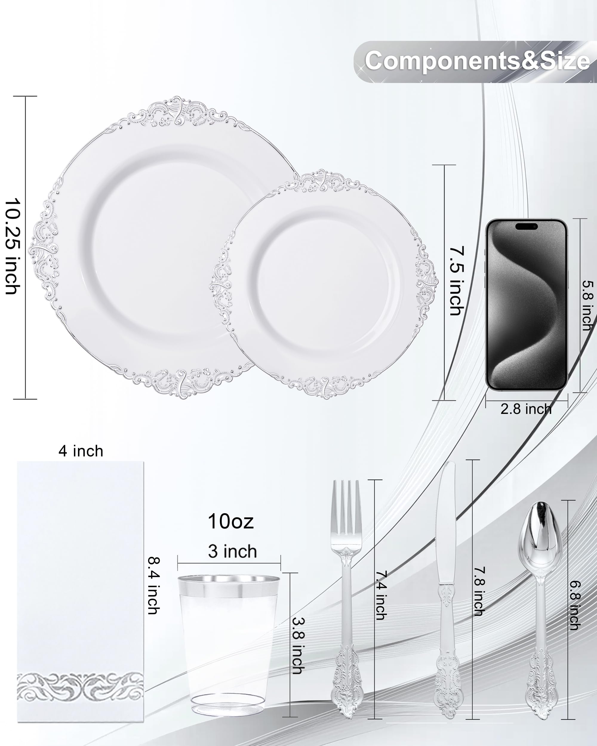 Nervure 350PCS Silver Plastic Dinnerware - White and Silver Disposable Plates for 50 Guests - 100 Disposable Plates, 150 Plastic Silverware, 50 Cups, 50 Napkins for Wedding & Party