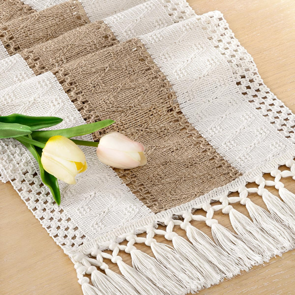 Socomi Boho Table Runner Summer Farmhouse Rustic Dining Kitchen Centerpiece Decor Small Macrame Woven Cotton Linen Coffee Table Runner for Dresser Scarf Home Decor 12x72 inch