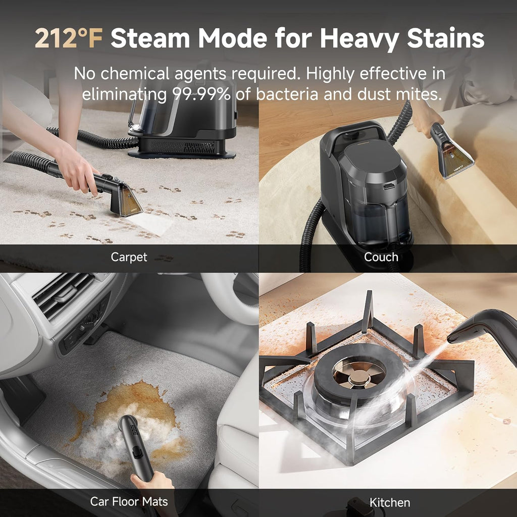 Uwant Carpet Cleaner Machine - 18Kpa Powerful Suction | Steam & Hot/Cold Water System for Pets & Upholstery