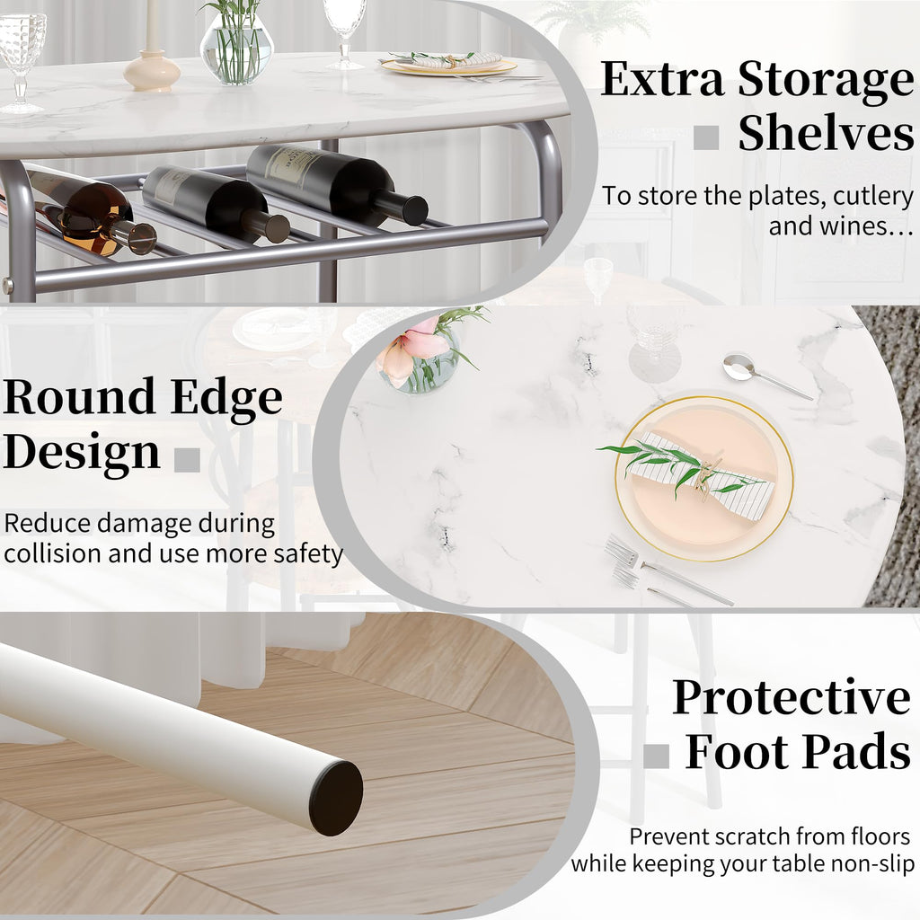 VECELO 3-Piece Dining Table Set for Kitchen Breakfast Nook, Faux Marbled Oval Tabletop and Metal Frame with Built-in Wine Rack, for Small Spaces, White & Silver