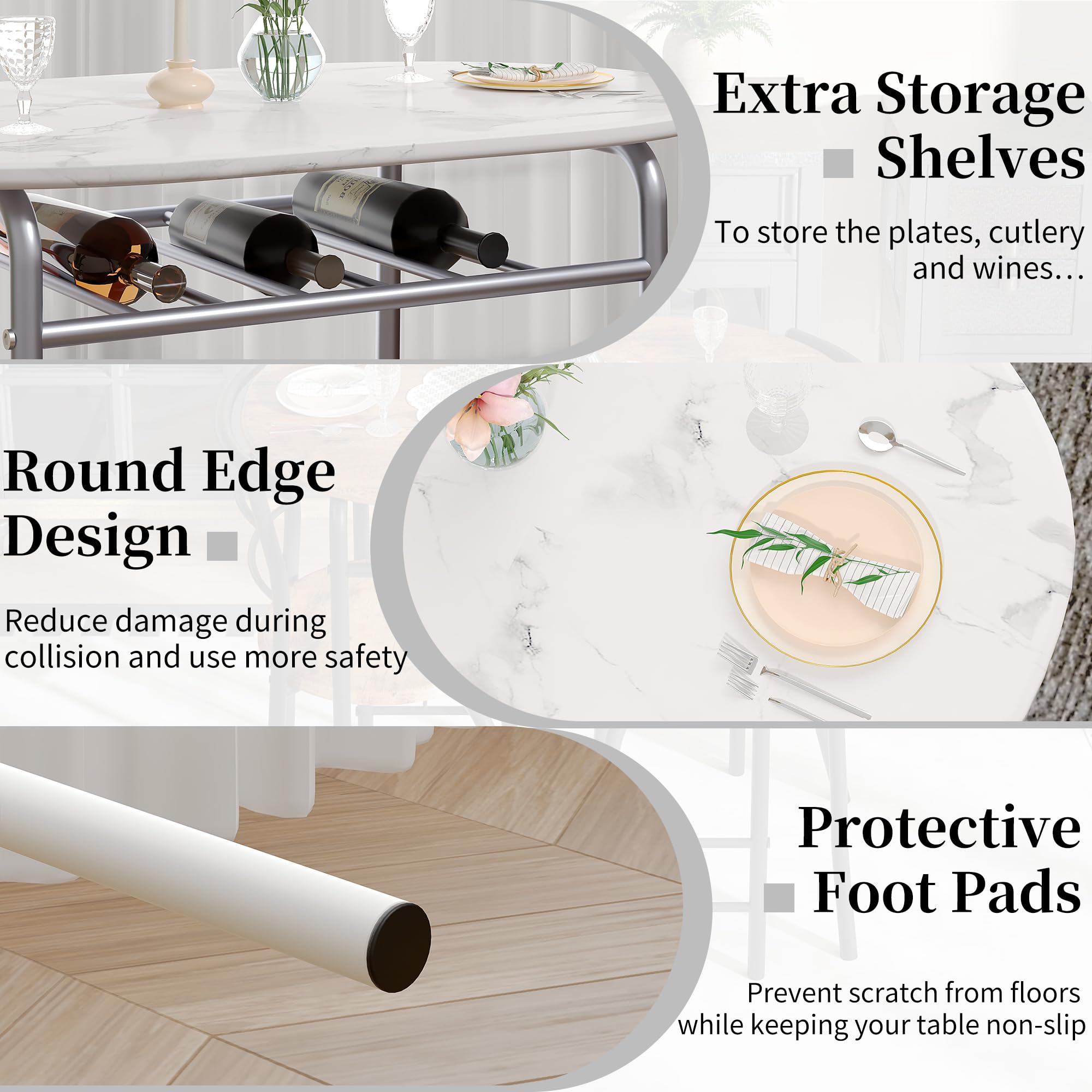 VECELO 3-Piece Dining Table Set for Kitchen Breakfast Nook, Faux Marbled Oval Tabletop and Metal Frame with Built-in Wine Rack, for Small Spaces, White & Silver