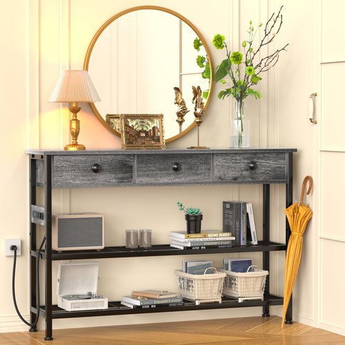 47" Narrow Console/Entryway Table with Storage & 3 Drawers & Outlets, for Sofa & Living Room, Hallway/Foyer/Couch/TV/ Aquarium Stand Table for Entryway with USB Ports, LED Light Strip,Perfect for Home
