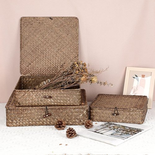 Hipiwe Flat Wicker Basket Bins - Set of 3 Handwoven Seagrass Storage Baskets | Large 14.8"x13" Coffee Color