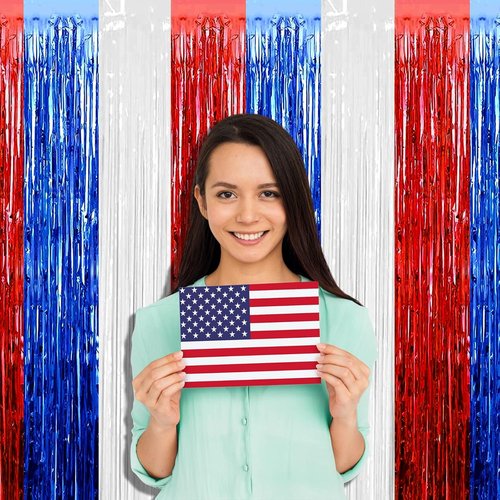 Foil Fringe Curtain Backdrop by [Brand Name] - 4 Pack 3.2Ft x 9.8Ft Red, Blue & White Metallic Streamers for Parties