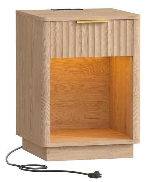 Akxomel Fluted Nightstand, Wooden Night Stand with Charging Station and LED Light, Modern Mid Century End Table with Drawer, 15" D x 15.7" W x 22.6" H, for Bedroom, Natural Oak