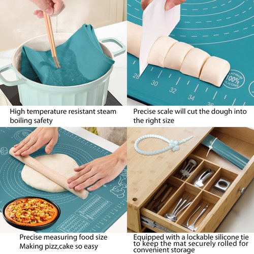 Silicone Pastry Mat 24" x 16" Extra Thick Non Stick Baking Mat with Measurements and Edge Heightening, Food Grade Silicone Rolling Mat for Pastry, Bread, Cookies, Pizza, Fondant, Pasta