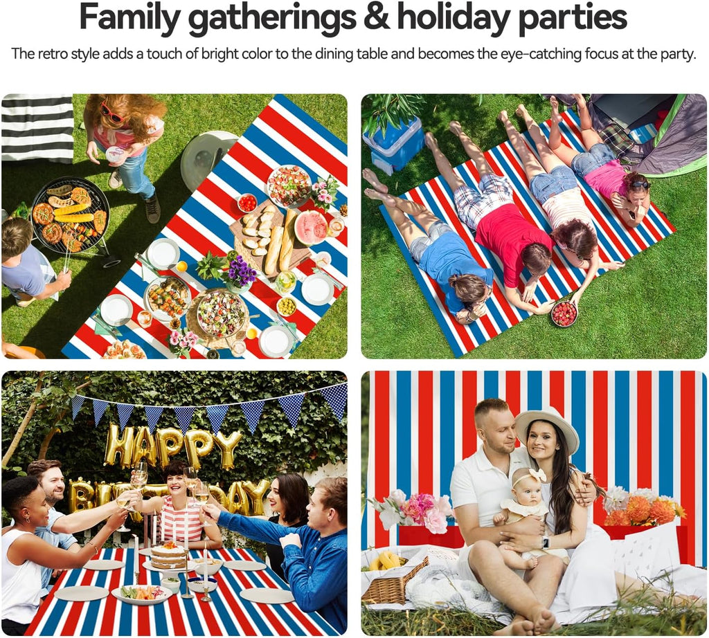 Skiennix Disposable Plastic Tablecloths - Patriotic Striped Design | 3-Pack 72”x54” for Fourth of July Parties