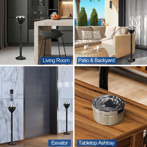 RELIANCER Floor Standing Ashtray w/Lid,Adjustable 16" - 31.5" Cigarette Ash Tray,Outdoor Stainless Steel Cigar Container Ash Holder w/Weighted Base,Cigarette Butt Receptacle Disposal for Home Garden