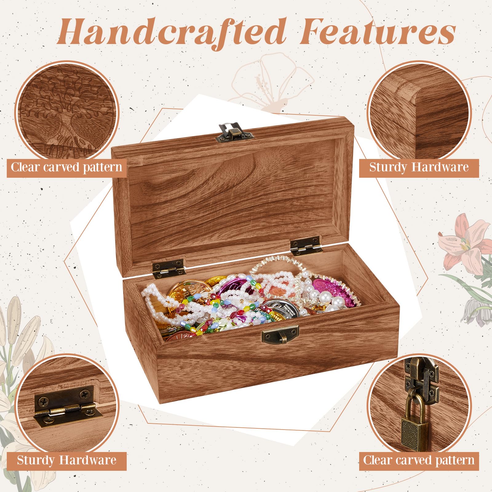 Vicenpal 2 Wooden Tree Keepsake Boxes with Lock, (8x5x3.2 inch & 7x3.7x2.8 inch), Handmade Decorative Treasure Chest Box, Gift Ideas for Men & Women Jewelry Rings Storage