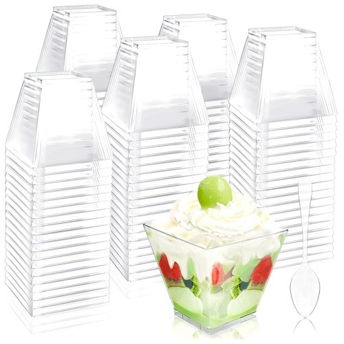 Jnnzzggu 100Pcs 3.5 oz Mini Dessert Cup with Spoons,Square Plastic Dessert Cups,Clear Parfait Appetizer Cup for Ice Cream,Birthday,Parties,Jellies,Nuts,DIY,Wedding