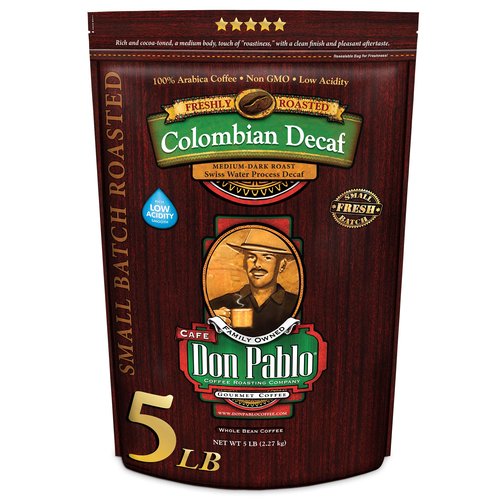 Don Pablo Colombian Decaf - Swiss Water Process Decaffeinated - Medium-Dark Roast Gourmet Coffee - 100% Arabica Whole Bean, Non-GMO, Low Acidity, 5 Pound (5 lb) Bag