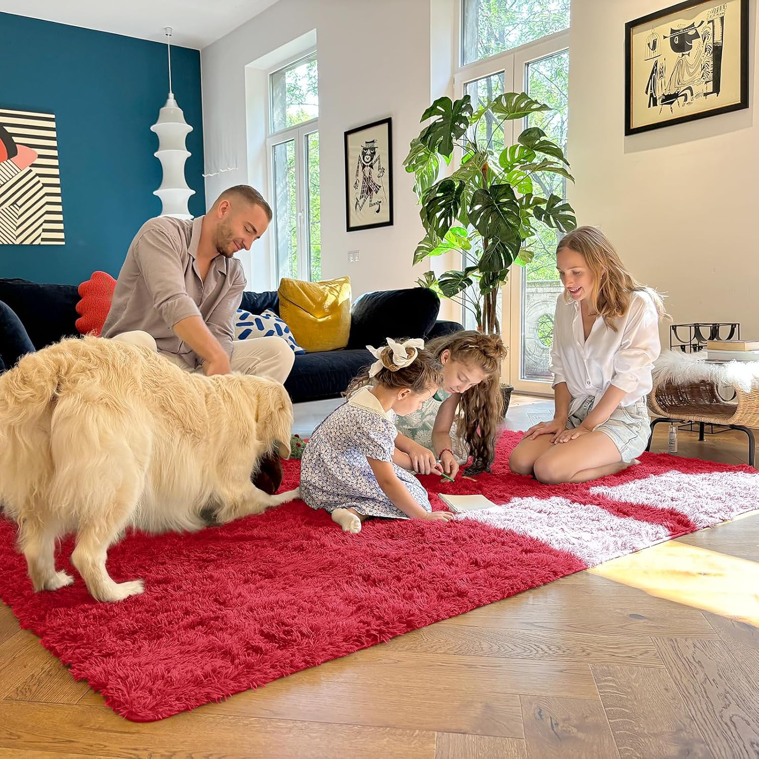 OLANLY 3x5 Soft Fluffy Shaggy Bedside Rug - Machine Washable Indoor Carpet for Kids & Nursery | Red