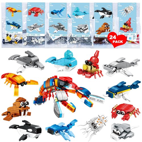 JZILU 24 Packs Valentines Day Gifts for Kids with Sea Animal Building Blocks, Valentines Day Cards for Kids School Exchange, Bulk Valentines Toys for Boy Girls Classroom