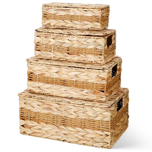 Soaoo Set of 4 Water Hyacinth Storage Basket with Lid, Pantry Rectangle Basket Organizer with Liner Natural Woven Organizer Farmhouse Storage Trunk Closet Storage Cubes for Bedroom Laundry Room