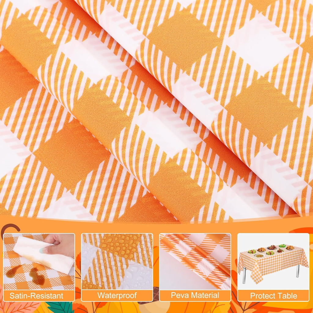Skiennix 12 Pack Orange Gingham Tablecloths - 54" x 108" Waterproof Disposable Checkered Covers for Parties