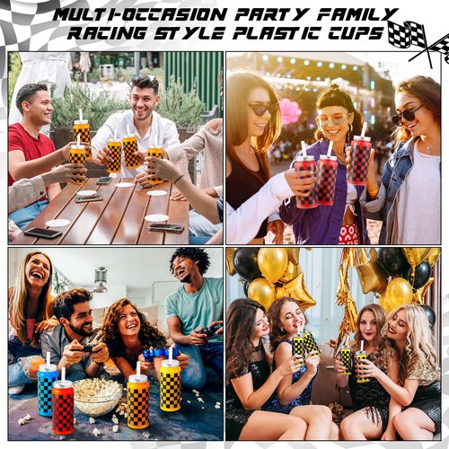 Patelai 24 Pack Race Car Cups 13.5 oz Plastic Tumbler with Lid and Straw Checkered Flag Party Supplies Clear Black Plaid Cups for Race Car Birthday Sports Themed Party Supplies
