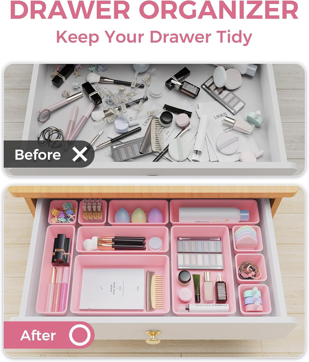 BiuLeon 25 PCS Plastic Drawer Organizers Set - Versatile Makeup & Vanity Storage | Pink, 4 Sizes