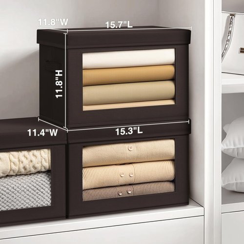 Homsorout Stackable Storage Bins - Large Foldable Closet Organizers with Lids | 6 Pack, Brown