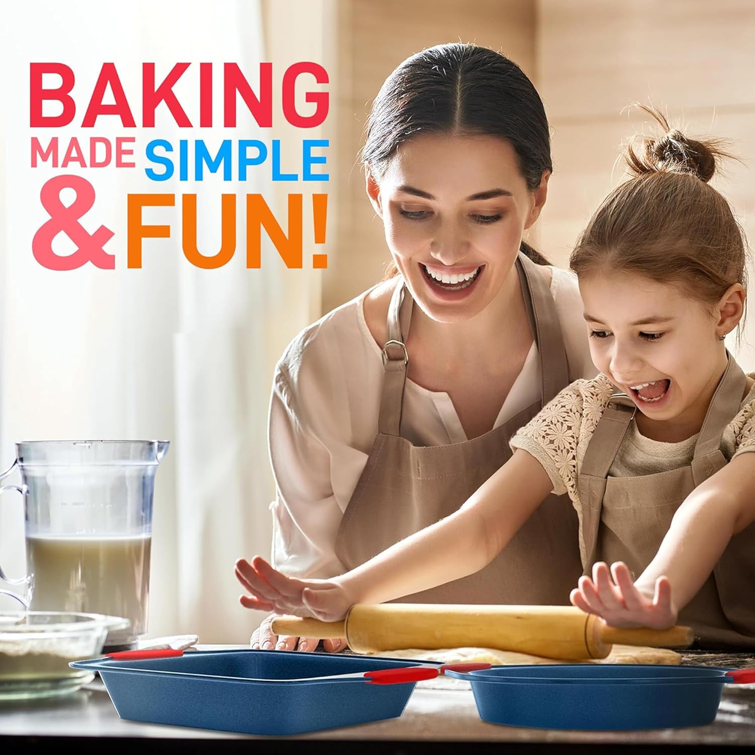 NutriChef 8-Piece Nonstick Baking Pan Set - Premium Carbon Steel Bakeware with Silicone Handles - Includes Pizza Tray, Loaf Pan, Muffin Pan, Round/Square Pans & Cookie Sheet - Blue