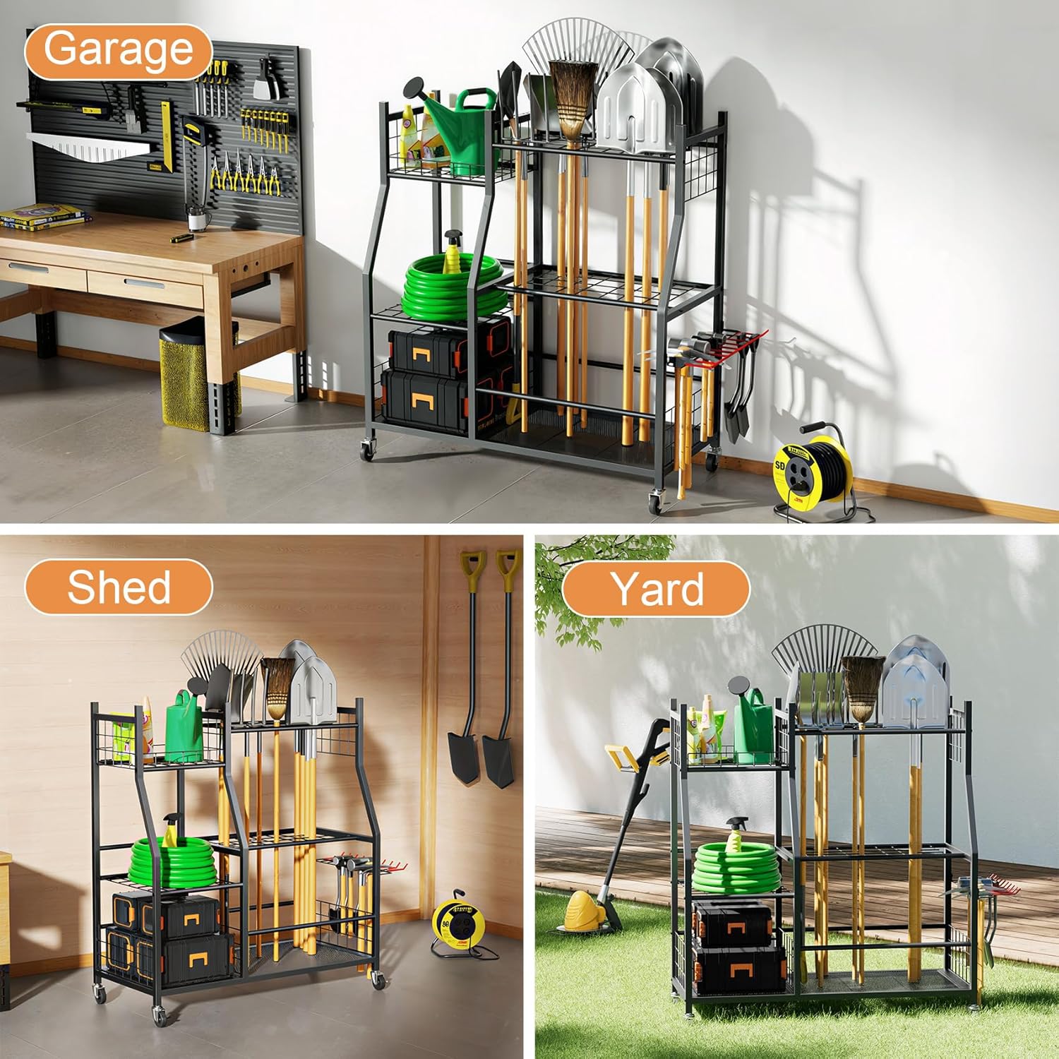 Skiennix Garden Tool Organizer - Freestanding Rolling Cart for Long Handled Tools | Yard Storage Rack