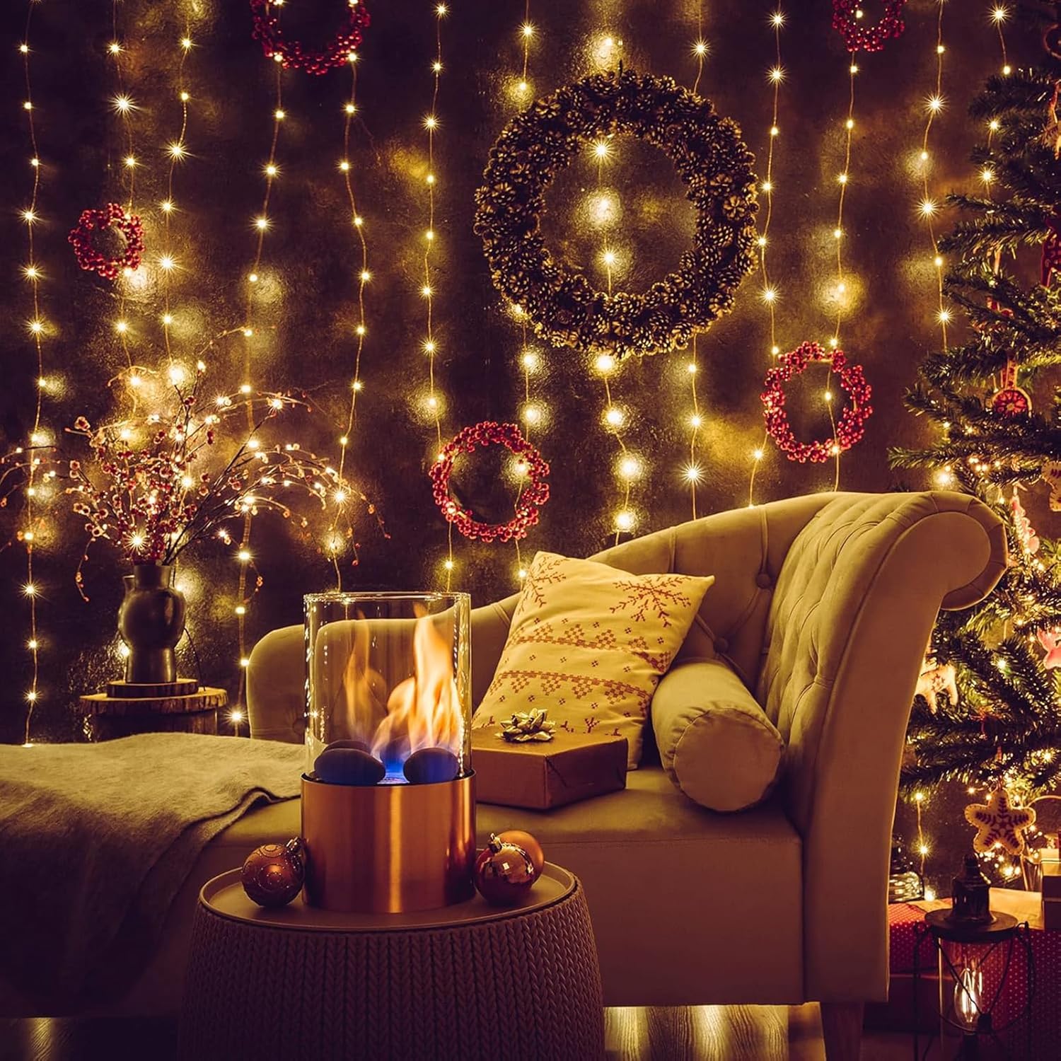 Skiennix 195 LED Curtain String Lights - 6.5 x 5 Ft Battery Operated with 8 Dimmable Modes | Copper Fairy Lights for Christmas & Wedding Decor