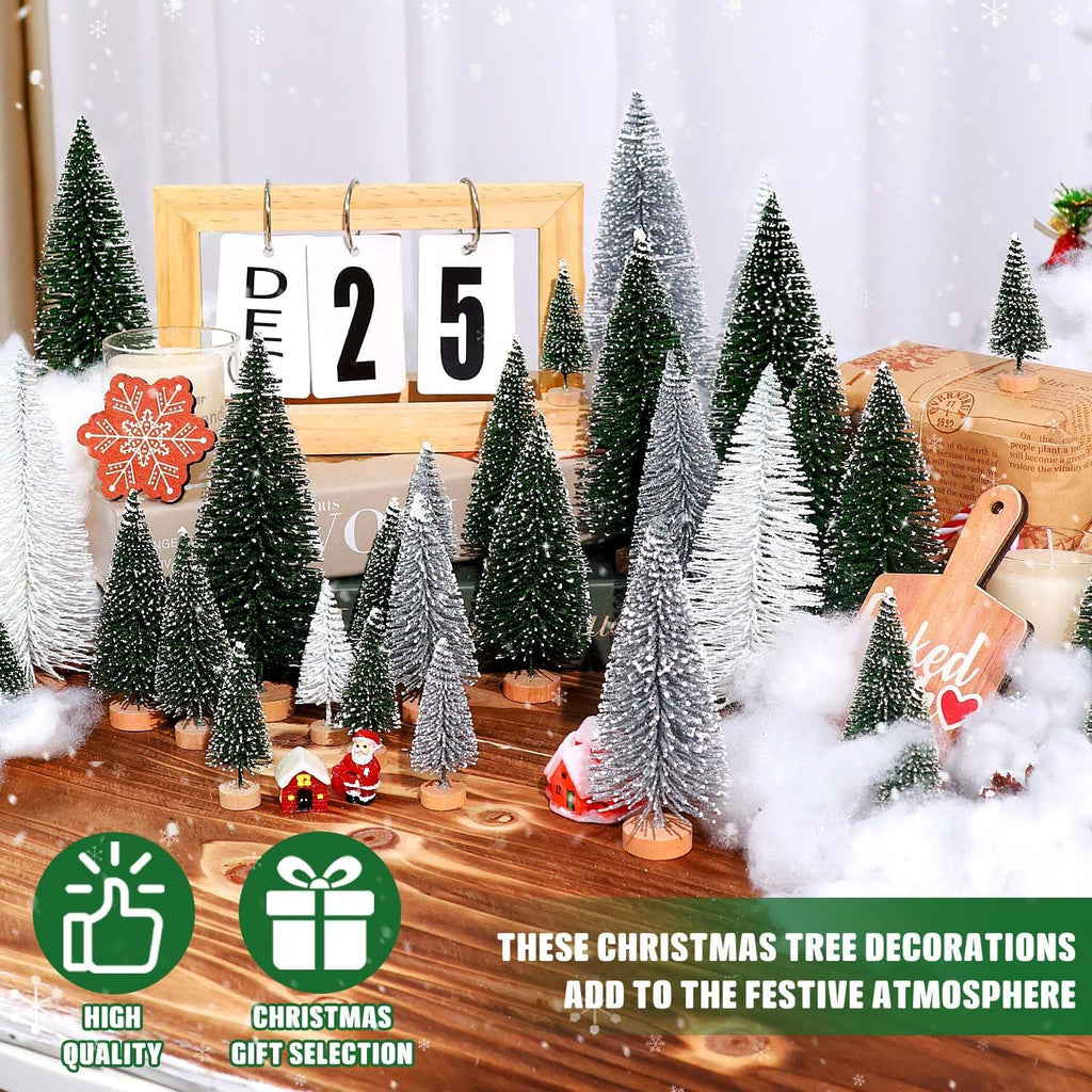 Skiennix Mini Christmas Trees - 30Pcs Artificial Bottle Brush Trees with Wooden Base for Festive Decor | Green, Silver, White