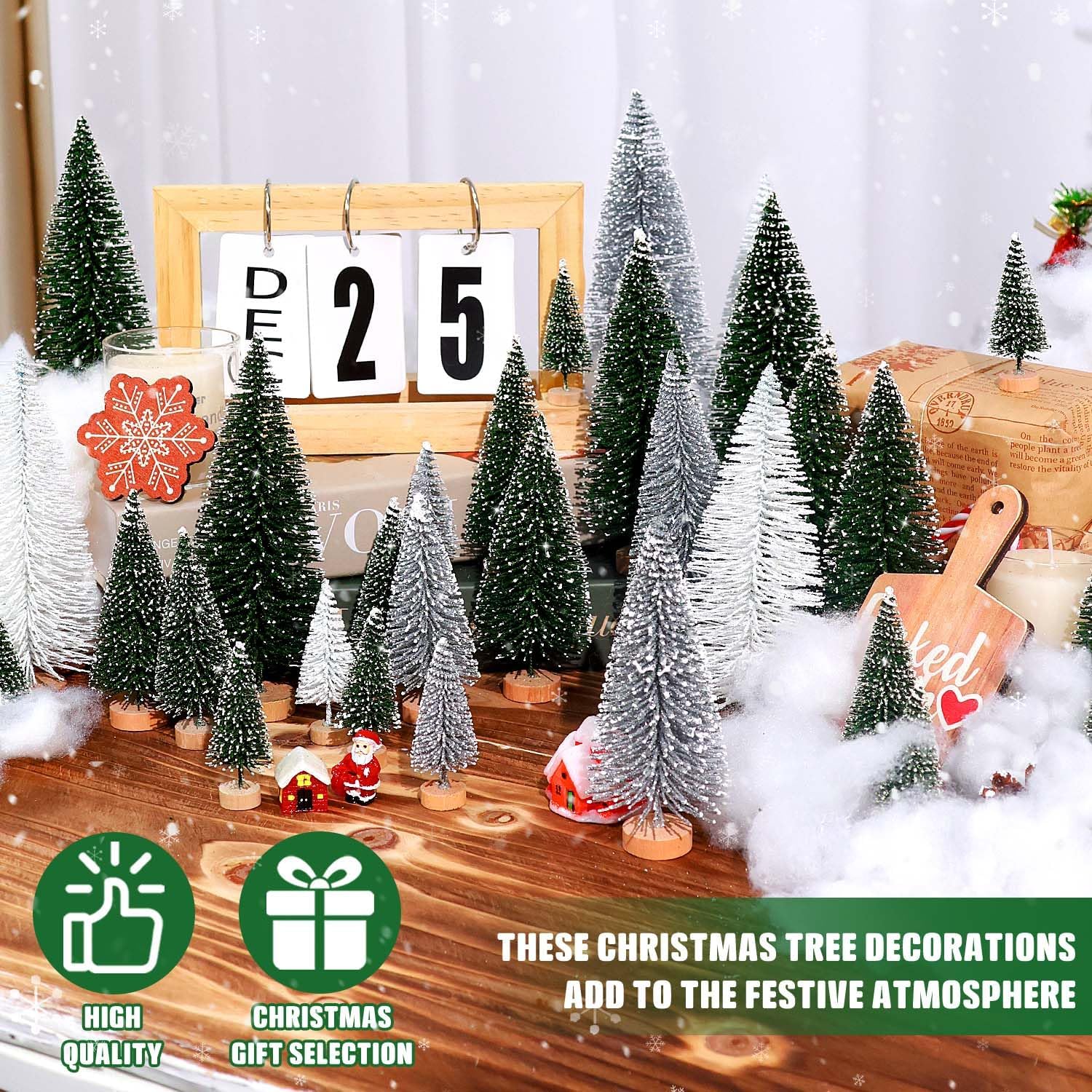 Skiennix Mini Christmas Trees - 30Pcs Artificial Bottle Brush Trees with Wooden Base for Festive Decor | Green, Silver, White