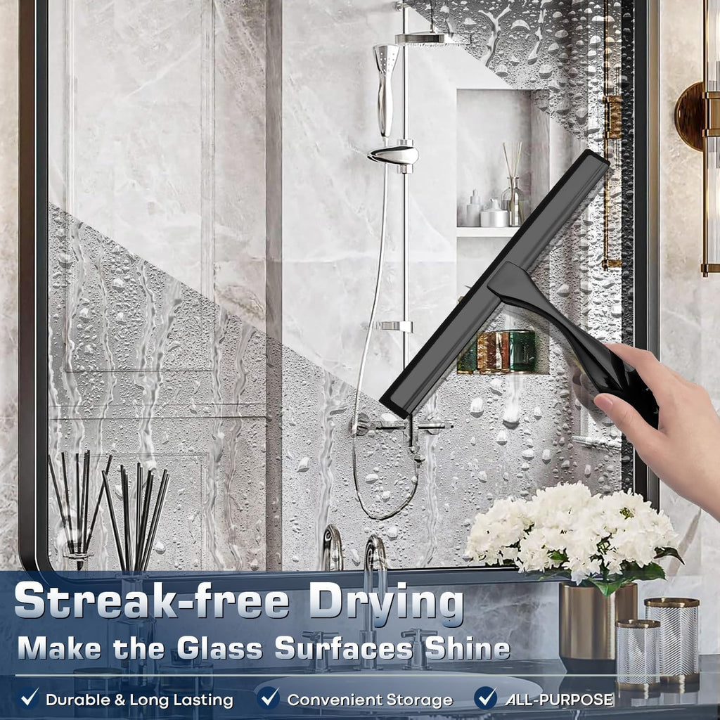 Skiennix Stainless Steel Shower Squeegee - 12 Inch Black with 3 Adhesive Hooks for Glass & Tiles