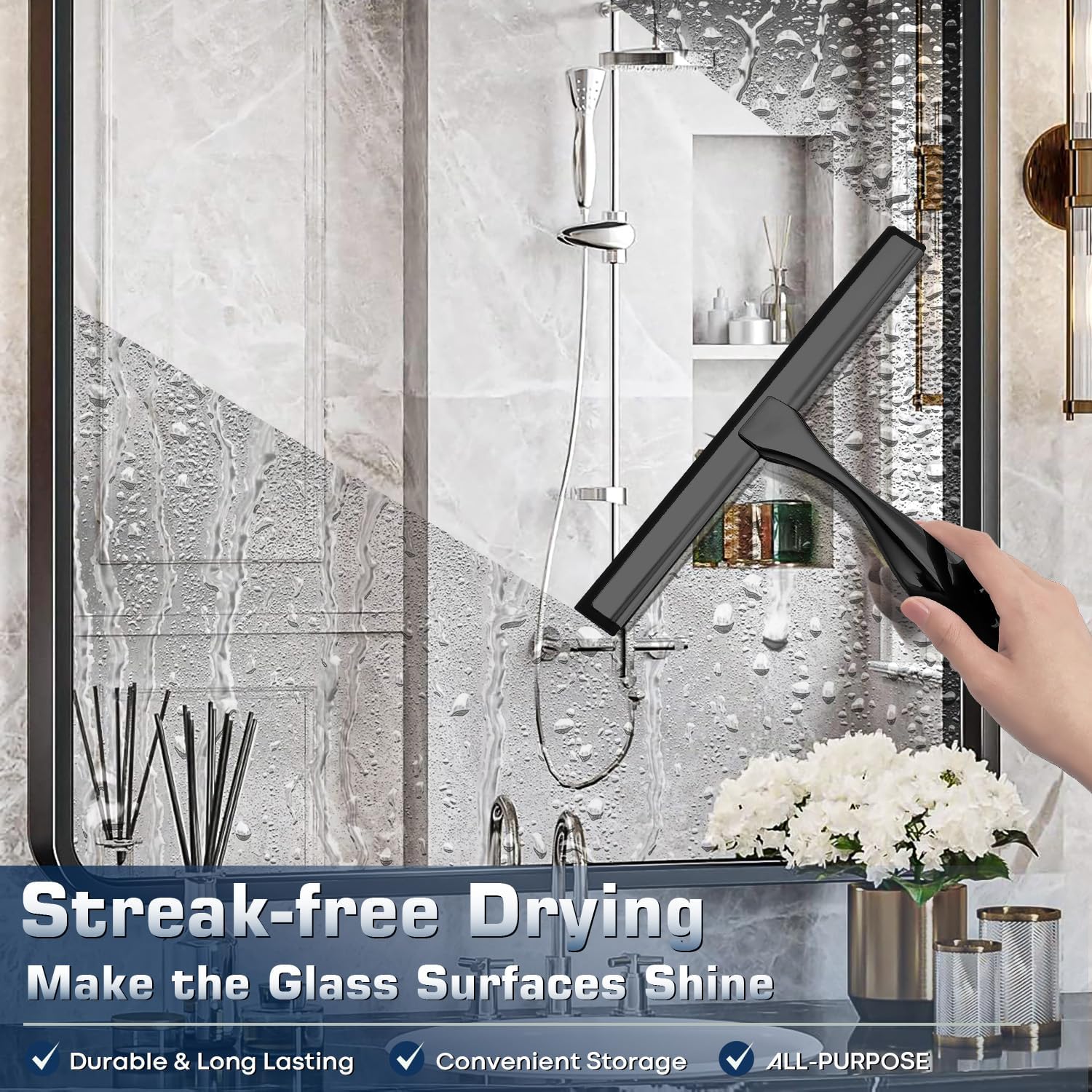Skiennix Stainless Steel Shower Squeegee - 12 Inch Black with 3 Adhesive Hooks for Glass & Tiles