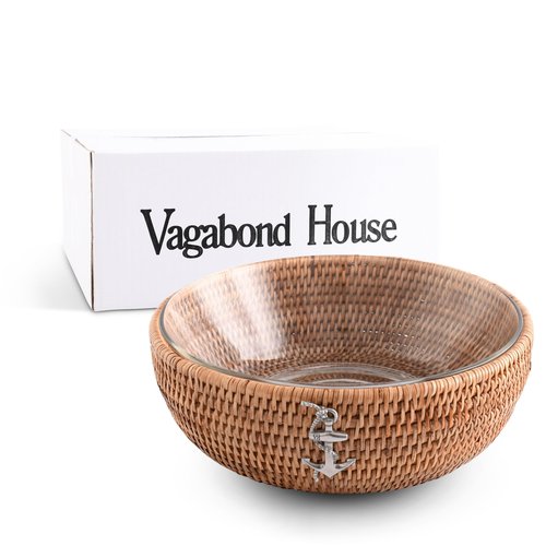 Vagabond House Handmade Eco-Friendly Rattan Serving Bowl with Pewter Anchor and Removable Glass Dish - Classic Stylish Fruit Basket for Kitchen, Ideal for Beach House Fruit Salads and Fruits