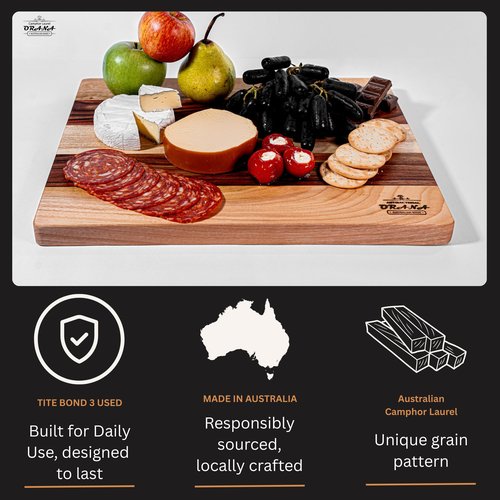 Orana Premium Camphor Laurel Wood Cutting Board, Made in Australia 20" x 12" (50x31cm) Handcrafted Edge Grain Chopping Board - Unique Natural Wood Grain