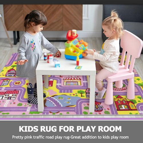 Capslpad Kid Rug for Playroom Purple Play Rug Traffic Road Car Play Mat 6.6x5.0 ft Educational Learning Area Rug Washable Kids Carpet for Children Girls Bedroom,Playroom,Nursery Room Decor