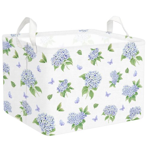 FYSUIMU Blue Floral Nursery Basket Spring Hydrangea Flower Collapsible Storage Box Waterproof Canvas Storage Bin with Handle Girly Gift Toy Box Bin for Baby Shower Bedroom Home Decor