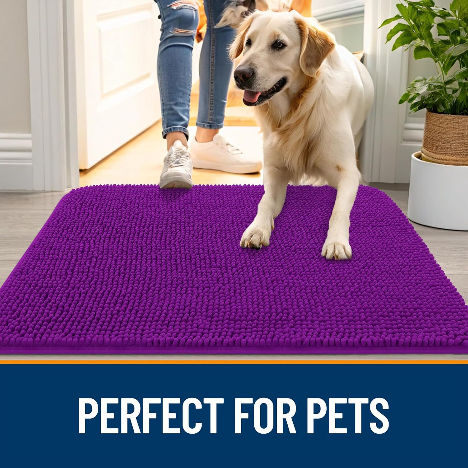 OLANLY Dog Door Mat - Absorbent Non-Slip Washable Doormat for Muddy Paws | 47x17 Inches, Purple