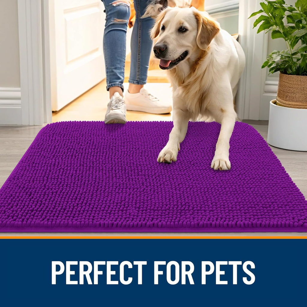 OLANLY Dog Door Mat - Absorbent Non-Slip Mud Mat for Indoor Use | Quick-Dry Chenille, 70x35, Purple