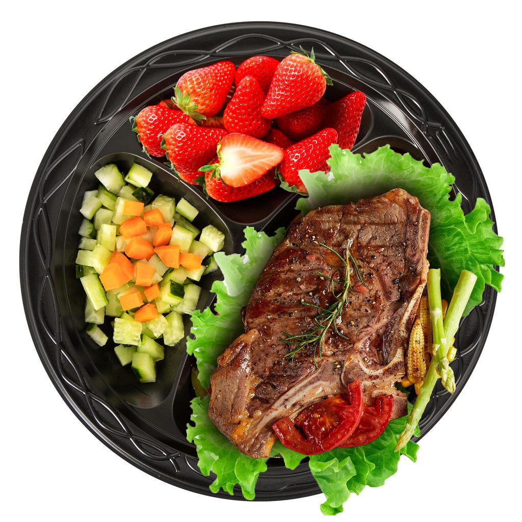 YANGRUI Disposable Plates 10" 150 Pack - Shrink Wrap BPA Free Mineral Filled PP Reusable Microwave Safe | Calcium Carbonate Reinforced Freezer Ready | Commercial Black 3 Compartment Plastic Plate
