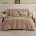 BISELINA French Linen Duvet Cover Set 3pcs Embroidered Willow Leaf 55% Flax 45% Cotton Blend Soft Breathable Luxury Bedding (Queen, Embroidery Navy Blue)