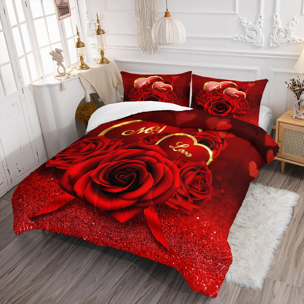 AILONEN Red Rose Comforter Set Queen Size,Romantic Hearts Couple Love Bedding Set,3D Rose Floral Bedding Queen Comforter Set Glitter Bed in a Bag 3 Pieces, 1 Quilt and 2 Pillowcases