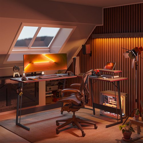 CubiCubi L Shaped Gaming Desk Computer Office Desk with Carbon Fiber Surface, 47 inch Corner Desk with Large Monitor Stand for Home Office Study Writing Workstation, Carbon Fiber Black
