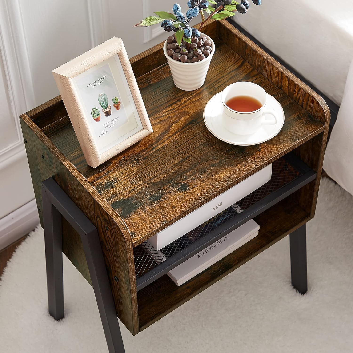 VECELO Nightstand Industrial Side Table/End Table/Stackable Accent Furniture with 2-Tier Open Storage Shelves for Bedroom, Living Room and Small Spaces