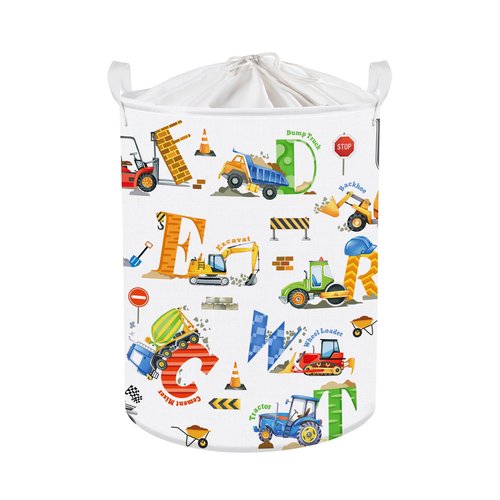 Clastyle Large Alphabet Car Kid Laundry Basket Construction Police Car Clothes Hamper for Boy Nursery Collapsible Excavator Toy Storage Basket with Lid