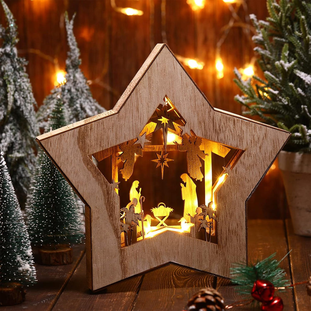 Regine Switzerland Wooden Nativity Scene Set - Rustic Christmas Tabletop Decoration with LED Light