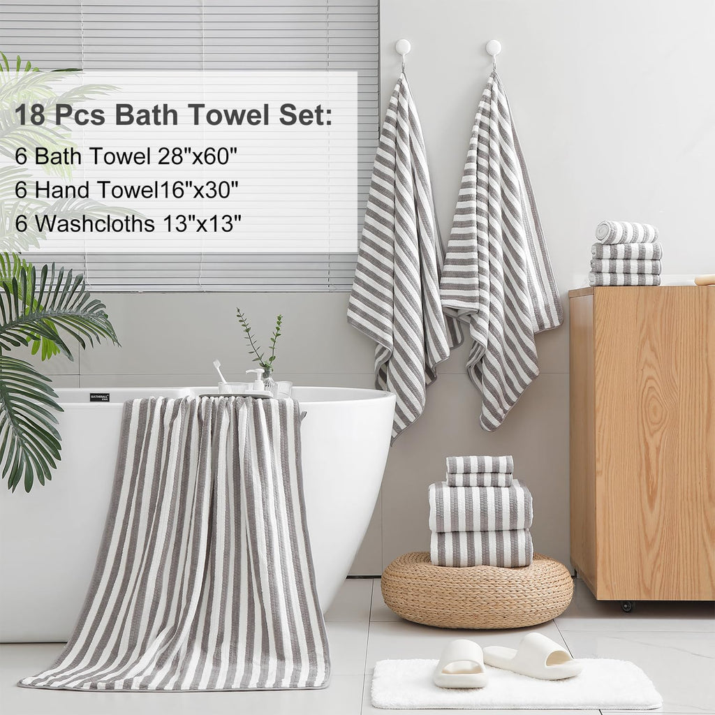 Smuge 18 Pcs Bath Towel Set, Include 6 Bath Towel Sheets, 6 Hand Towels and 6 Washcloths - Highly Absorbent Quick Dry Microfiber,Ultra Soft Bathroom Towel Set with Hanging Loop - Light Gray