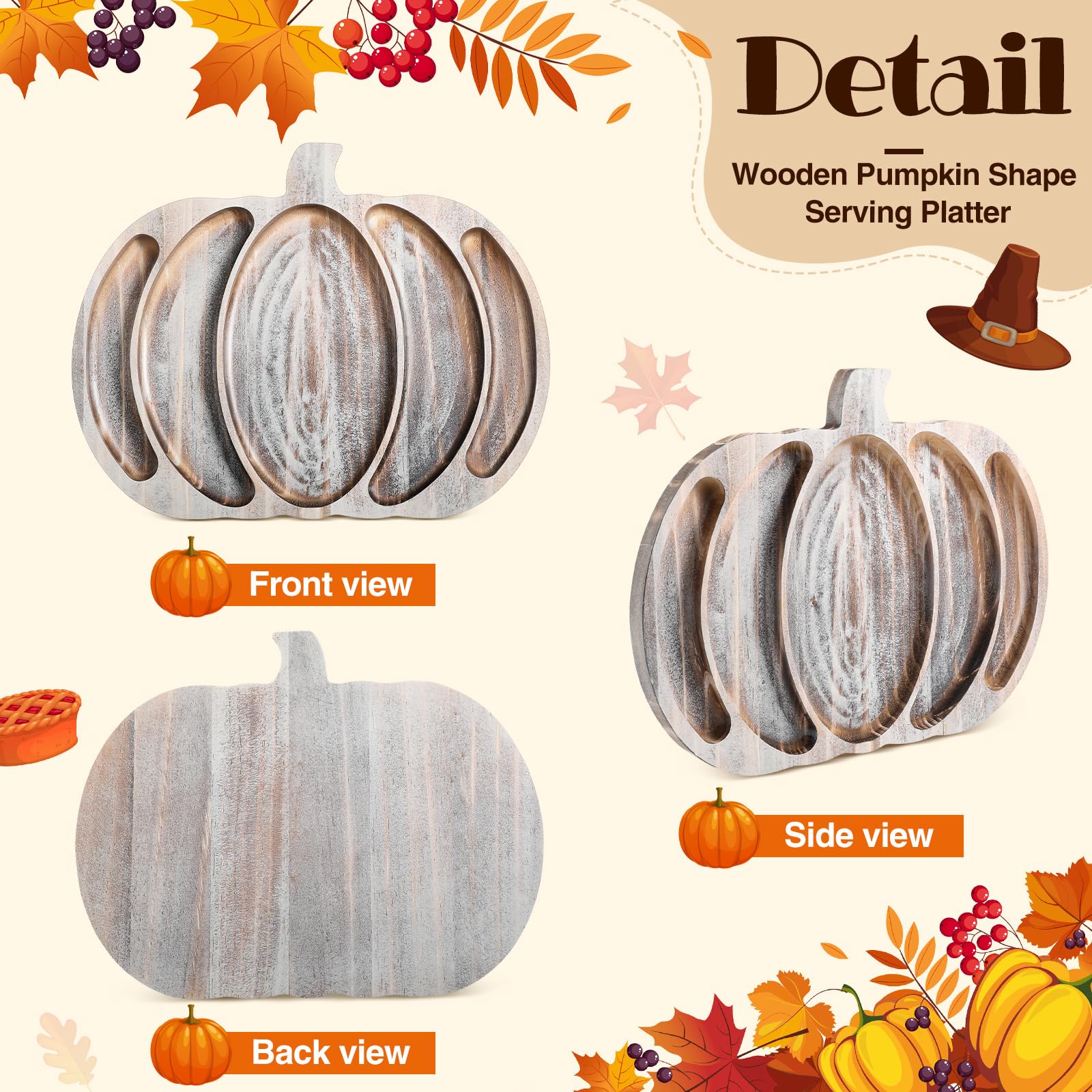 Sliner Fall Pumpkin Wooden Serving Dish Platter Thanksgiving 15" L x 12" W Pumpkin Shaped Charcuterie Board Snack Wood Cutting Board Sectional Dish Plate for Home Gifts(Walnut Color)