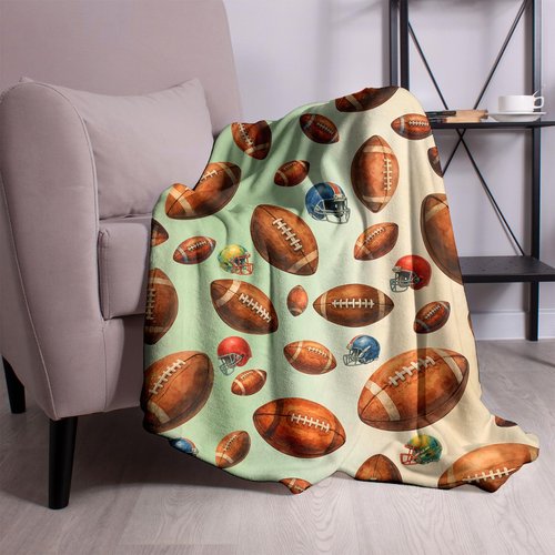 Football Blanket 50x60, Soft Flannel Fleece Stadium & Couch Throw, Watercolor Football Helmet Pattern, Neutral Sage Green Beige, Game Day Bleacher Blanket for Adults