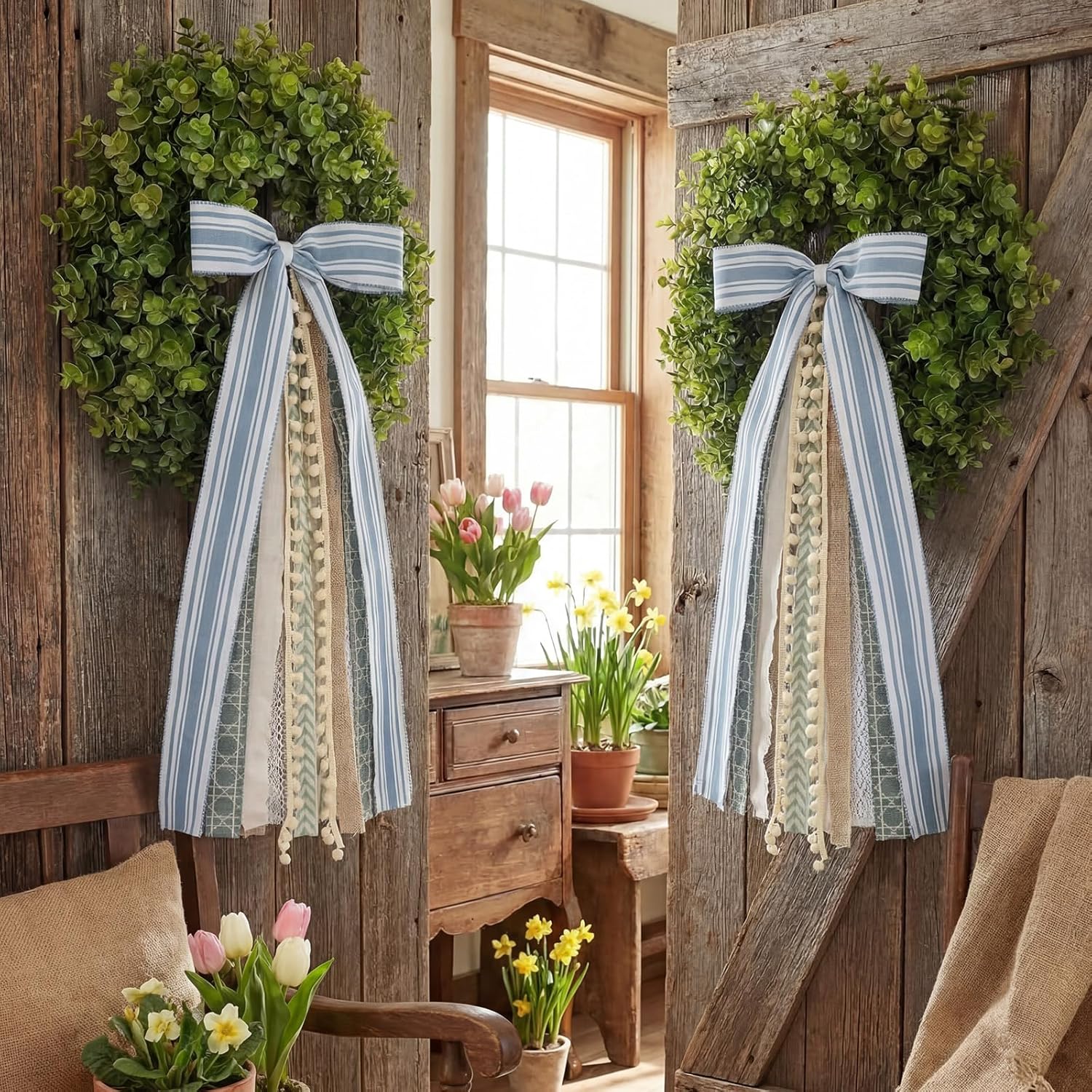 Suncalla Ribbon Bow Bundle - 2 Pcs Grayish Blue & Ivory for Large Wreaths | Indoor & Outdoor Decor