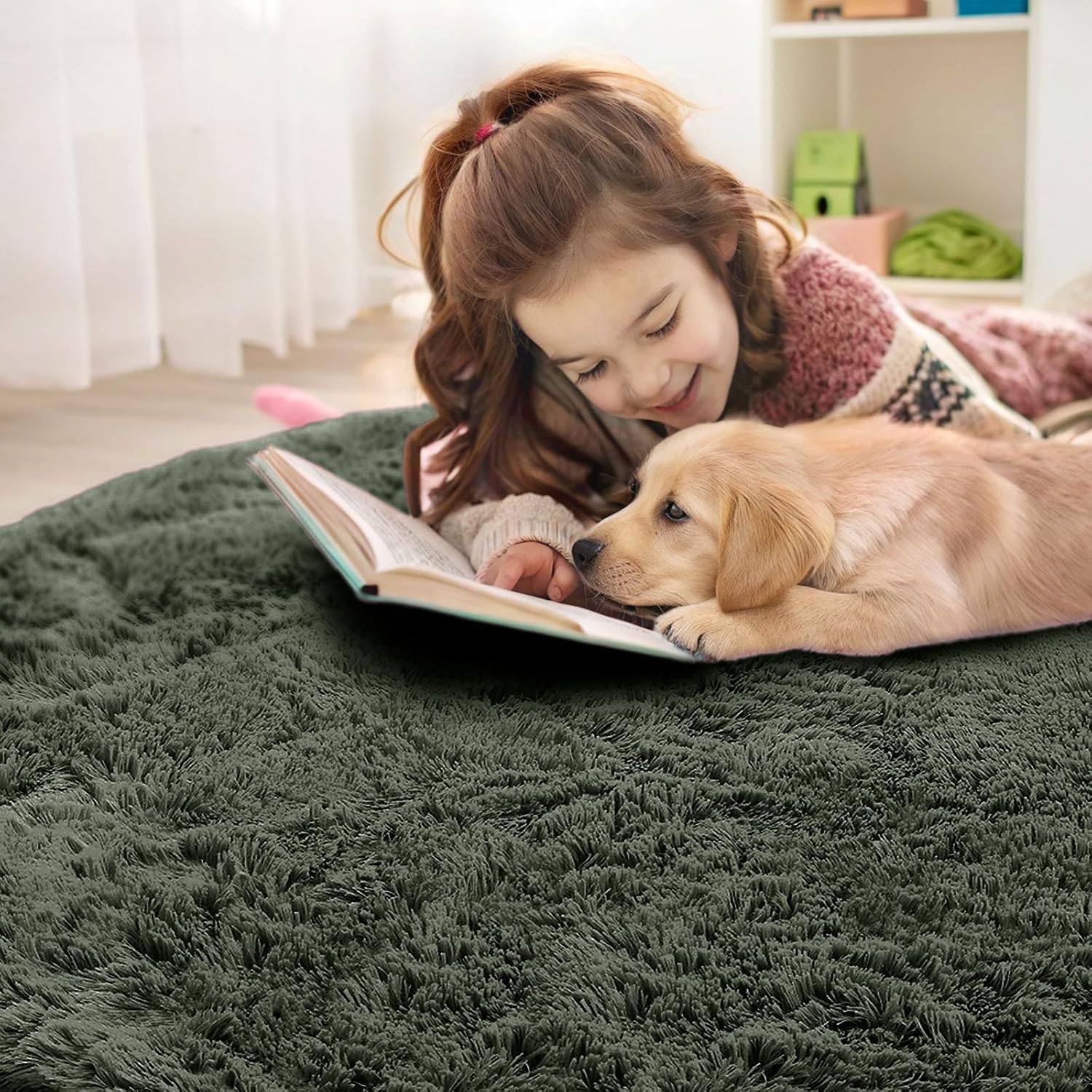 OLANLY Olive Green Round Rug - Soft, Fluffy Shag Area Rug, 6 ft Circle for Bedroom & Living Room Decor